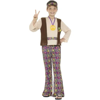 Image of Smiffys Hippie Boy Costume, with Top, Attached Waistcoat, Trousers, Medallion &amp; Headband, Boys Fancy Dress, Child Dress Up Costumes
