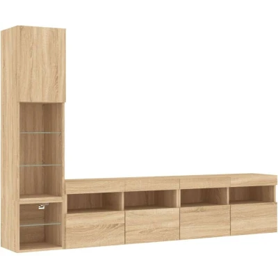 Image of vidaXL TV Wall Units 4 Piece with LED, Floating Unit for Living Room Office, Mounted Cabinet, Modern Style, Sonoma Oak Engineered Wood, 3216663