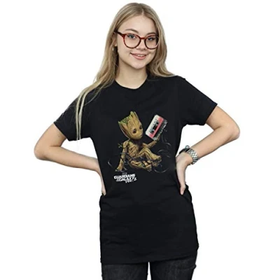 Image of Marvel Women&#039;s Guardians of The Galaxy Groot Tape Boyfriend Fit T Shirt Black Large