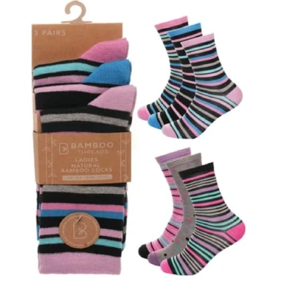 Image of OnlyBee 3 Pairs of Ladies Bamboo Healthy Soft Socks Bright Striped