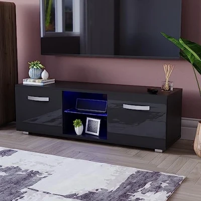 Image of Vida Designs Cosmo LED TV Unit 2 Door Modern Gloss Matte MDF Living Room Cabinet Media Stand Furntiure RGB Light Black 120cm