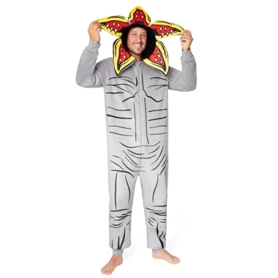 Image of Stranger Things Fleece Onesie for Adults Teens Hooded Zip Up Lounge Wear S 2XL Fluffy Nightwear Gifts Him (Grey, S)