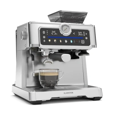 Image of Klarstein GrandPresso Touch Espresso Machine 20 Bar, 1350W, Integrated Grinder, Display, Milk Frother, Thermoblock, 2.3L Water Tank, Stainless Steel, for Home