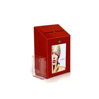 Image of Pos Display Shop Lockable Red Acrylic Collection Box/Feedback Box/Comments Box/Suggestion Box + 1/3rd A4 Leaflet Holder PDS9463 LH 100% Recyclable!