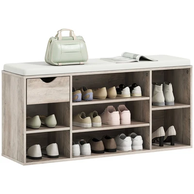 Image of HOMCOM Shoe Bench with Seat Cushion Storage Cabinet 7 Compartments Drawer Adjustable Shelves for Entryway Hallway Living Room, Grey