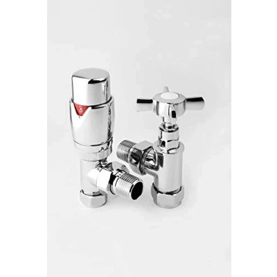 Image of Greened House Krackow Angled Designer TRV Thermostatic Radiator &amp; Towel Rail Valve with Traditional Cross Head Column