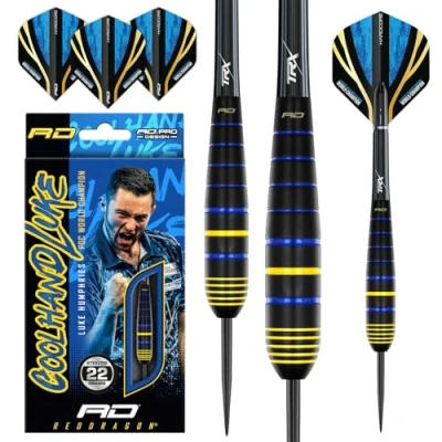 Image of RED DRAGON Luke Humphries Coolhand 22G Brass Steeltip Darts Set with flights and Shafts (Stems)
