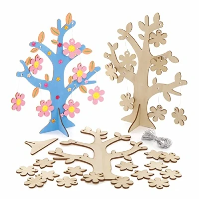 Image of Baker Ross AX868 Flower Wooden Trees Pack of 2, Easter Crafts, Craft for Kids, Wood Kits Girls