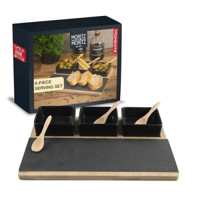 Image of Moritz &amp; Serving Bowl Set Black incl. Spoon Board and Slate Plate Chip Dip Platter as Tapas Bowls, Snack Bowls Candy Dish