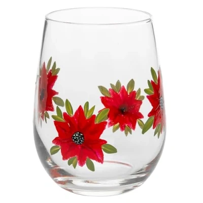 Image of Shudehill Giftware East West Christmas My Favourite Glass Hand Painted Stemless Gin Robin, Poinsettia or Mistletoe &amp; Berry Xmas (Poinsettia)