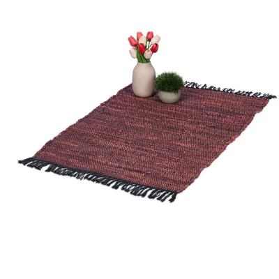 Image of Relaxdays Boho Runner Rug, Cotton and Leather, Non Slip, Hand Woven, with Tassels, for Living Area, 60x100 cm, Burgundy