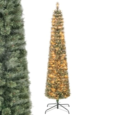 Image of GYMAX 5FT/6FT Pre Lit Hinged Christmas Tree, Slim Pencil Artificial Xmas Tree with LED Lights, Verdant Branches Tips, Holiday Party Decorations for Home, Mall &amp; Store (6ft, Green)