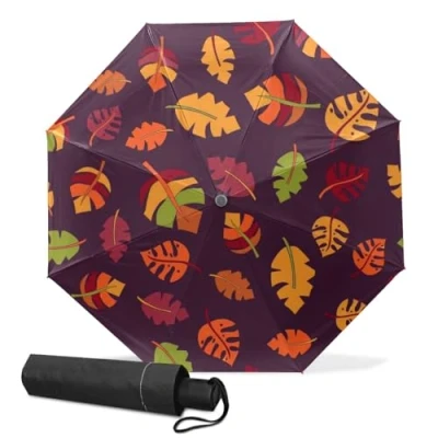 Image of GISPOG Automatic Folding Umbrella, Autumn Maple Leaves Waterproof Compact Sun and Rain Travel Umbrellas for Women &amp; Men
