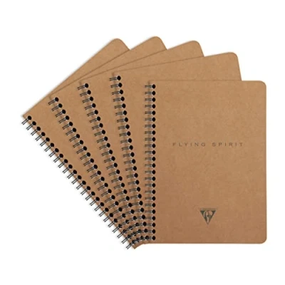Image of Clairefontaine 103566C A pack of 5 Flying Spirit spiral notebooks 120 detachable pages ivory 14.8x21 cm 90g lines + pockets, brown kraft cover, ass pattern
