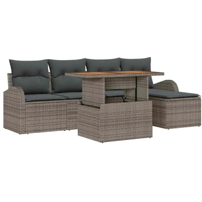 Image of vidaXL 6 Piece Garden Dining Set with Cushions Grey Poly Rattan Acacia