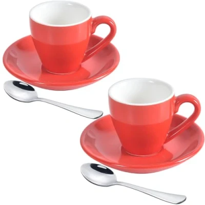 Image of ionEgg Porcelain Espresso Cup with Saucer And Stainless Steel mini Spoons, shot Cup, 80ml/2.7Oz, Pack of 2, Red