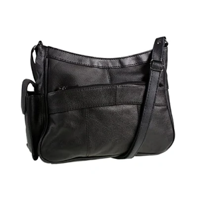 Image of Medium Sized Soft Nappa Black Leather Bag Handbag with long strap Can be worn across the body