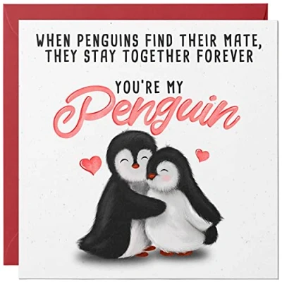 Image of Penguin Anniversary Card / Cute Romantic Valentine for Husband Wife Boyfriend Girlfriend Fiancee Him or Her Valentines Day Cards Loved One Birthday