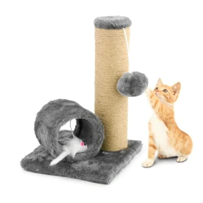 Image of KCT Grey Kitten Scratching Scratch Post Activity Play Tunnel Cat Sisal Tree Toy