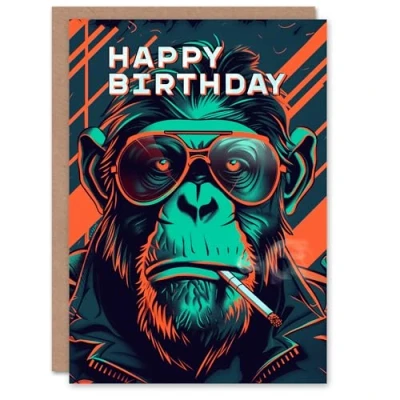 Image of Artery8 Birthday Card Biker Chimp Neon Cyberpunk 1980s For Him Man Male Dad Brother Son Papa Grandad Greeting