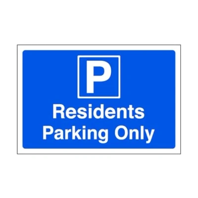 Image of Residents parking only Safety sign High tack self adhesive sticker (150mm x 100mm) Viewing Distance within 3m.