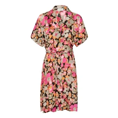 Image of KAFFE Women&#039;s Shirt Dress Collared V Neck Belted Short Sleeves Knee Length, Pink Melon Blurry Flower, 14