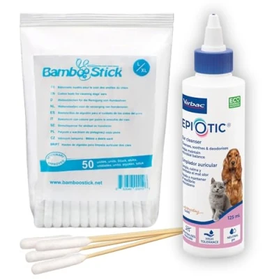 Image of Stelr Pets Epiotic Ear Cleaner for Dogs 125ml Bundle with BambooStick Cotton Buds (50 Pack) Medium and Large Care Guide
