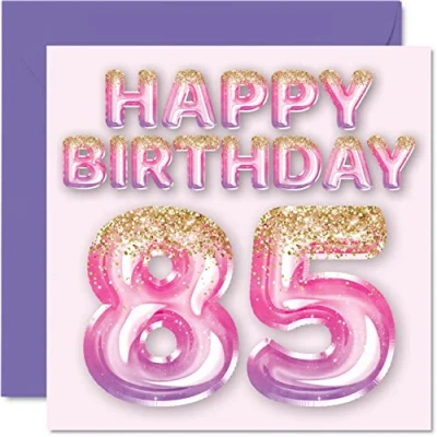 Image of 85th Birthday Card for Women Pink &amp; Purple Glitter Balloons Happy Cards 85 Year Old Woman Mum Great Nanny Grandma Gran, 145mm x Eighty Five Fifth Bday Greeting Gift