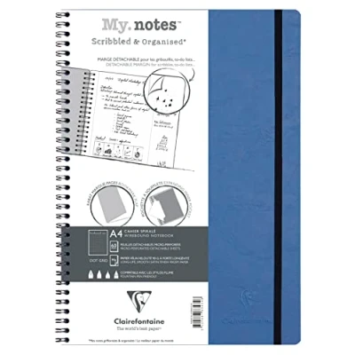 Image of Clairefontaine 783434C Collection Age Bag One Spiral Notebook with Detachable Margins My.Notes Blue A5+ 16x21 cm 120 DOT Pages 90 g White Paper Glossy Leather Grain Card Cover