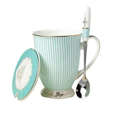 Image of Eplze YBK Tech Euro Style Porcelain Tea Cup Coffee Mug with Lid for Breakfast Home Kitchen ((Stripe Pattern) (Cyan))