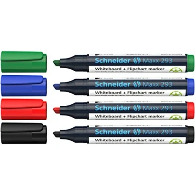 Image of Schneider Board/ Flip Chart Marker 293 4 Pack of Black, Red, Blue, Green, Refillable 1 + mm