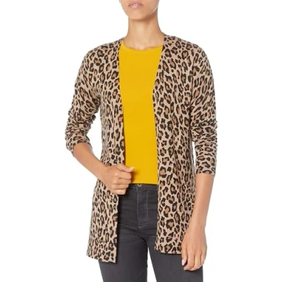 Image of Amazon Essentials Women&#039;s Lightweight Open Front Cardigan Jumper (Available in Plus Size), Camel Leopard, XS