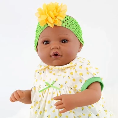 Image of The Magic Toy Shop Bibi Doll 20&quot; Realistic REBORN Handmade Open Eyes Dark Skin Black Baby Girl with Dummy &amp; Feeding Bottle (ETHNIC YELLOW)