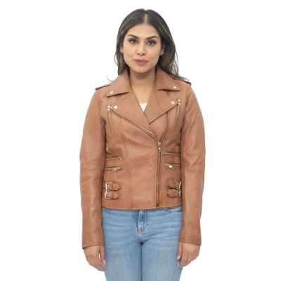 Image of Ladies Retro Tan 100% Nappa Leather Biker Jacket 5XL