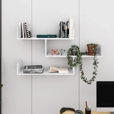 Image of HOCUS PICUS Tibet 3 Tier Wall Shelf, Modern Design, Piece Floating Many Colour Options, Easy to Assemble, Living Room Office Storage 119x 66.5x22cm (White Marble Effect)