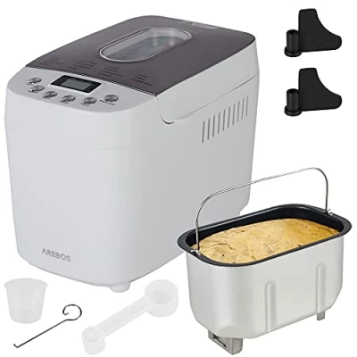 Image of Arebos bread maker 1500g with 15 programs 2 dough hooks timer LCD display 3 browning degrees and sizes 850 W White
