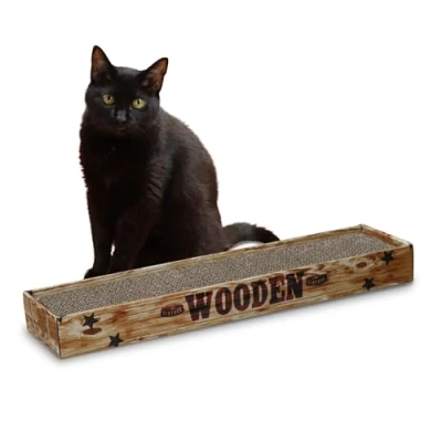Image of Croci Cardboard Cat Scratching Post 2 Layers Reversible with Non Slip Feet Including Catnip Bag Walnut Style 48 x 12.5 5 cm