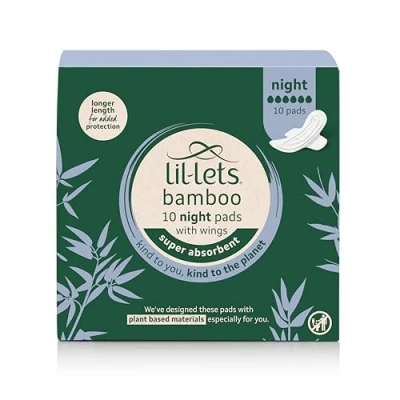 Image of Lil Lets Bamboo Night Pads X 10, Unscented with Absorbency, Wings, Plant Based Materials, Contains Sustainable Bamboo, for Heavy Very Flow