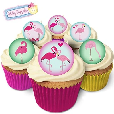 Image of 24 Edible Pre Cut Wafer Round Cake Toppers: 6 Beautiful Flamingo Designs