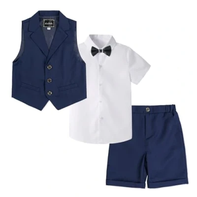 Image of LOLANTA 4 Piece Kids Waistcoat Suit, Boys Wedding Party Shorts Set, Page Boy Outfit, Shirt, Bow Tie, Shorts, Waistcoat, Navy, 2 3 Years, 110