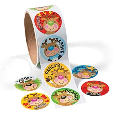 Image of DISC Save 75% Roll of 100 Christmas Rudolph &amp; Reindeer Face Stickers