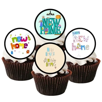 Image of 24 New Home Cupcake Toppers, Edible House Warming Decorations, Good Luck Congratulations Sweet Cake Topper, Cupcakes