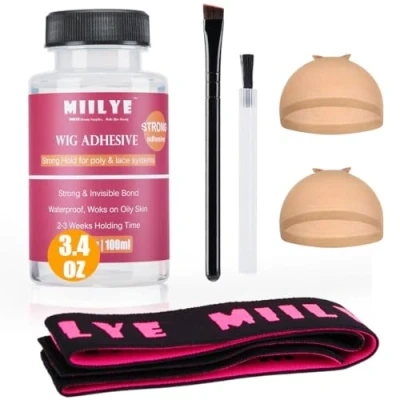 Image of MIILYE Clear Wig Glue Pack, 100ml/ 3.4OZ Waterproof Invisible Toupee Hair Bonding Glue, Strong Hold Acrylic Adhesive for Front Lace Wig, Pack of with Melting Band, Brush And Caps