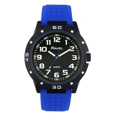 Image of Ravel Men&#039;s Black Cased Sports Watch with Colour Co ordinated Bezel on Silicon Strap Analogue Quartz RS004.06 Blue