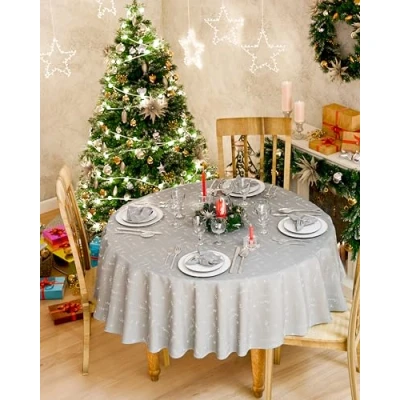 Image of Emma Barclay Christmas Table Cloth, Round Machine Washable Xmas Dining Tablecloth in Red with Silver Snowflake Design 63 Inch (160cm)