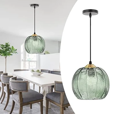 Image of AvgnLxqe Glass Pendant Light, Modern Retro Green Striped Lampshade E27 Height Adjustable Ceiling Hanging Lamp, DIY Chandelier for Kitchen Island/Dining Room/Living Room/Bedroom (9.8in)