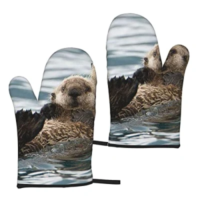 Image of Heat Resistant Oven Gloves Sets Of 2 Otter Printed Kitchen Non Slip Microwave Mitts 1 Pair For Baking Cooking Bbq
