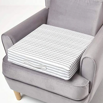 Image of HOMESCAPES Grey Stripe Quilted Armchair Booster Cushion with Removable Cover 50 cm Square 10cm Deep Firm Orthopaedic Foam Seat Pad Soft 100% Cotton Washable