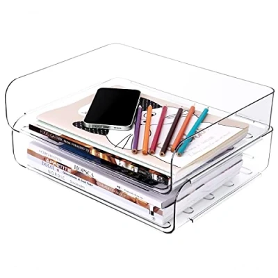 Image of Tomorotec 2 Pack Desk Letter Tray Set, A4 Size Clear PET Stackable Document Organizer Office Desktop File Paper Holder Book Storage Rack Side Load Anti Skid Stacking Support Convex Bottom Grooved Snap