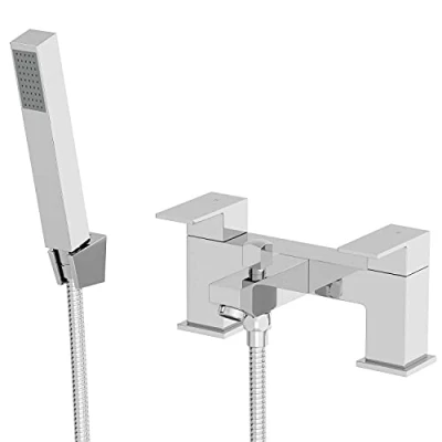 Image of Architeckt® Ibbardo Bathroom Bath Shower Mixer Tap Handset Hose Attachment Square Twin Lever Handle for Bathtub Modern, Chrome